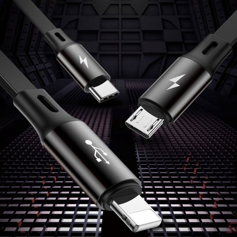 Rozwijany kabel przewód 3w1 USB microUSB Iphone Lightning USB-C 3.5A 35cm 120cm czarny