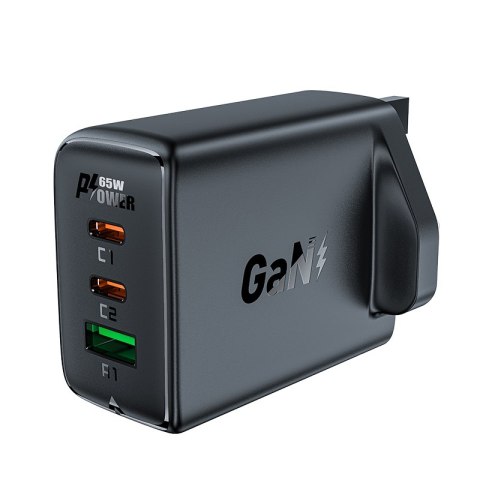Ładowarka sieciowa wtyczka angielska UK GaN 65W 1x USB 2x USB-C PD czarna Ładowarka sieciowa wtyczka angielska UK GaN 65W 1x USB 2x USB-C PD czarna
