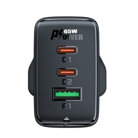 Ładowarka sieciowa wtyczka angielska UK GaN 65W 1x USB 2x USB-C PD czarna Ładowarka sieciowa wtyczka angielska UK GaN 65W 1x USB 2x USB-C PD czarna