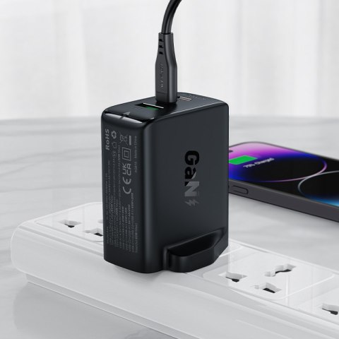Ładowarka sieciowa wtyczka angielska UK GaN 65W 1x USB 2x USB-C PD czarna Ładowarka sieciowa wtyczka angielska UK GaN 65W 1x USB 2x USB-C PD czarna