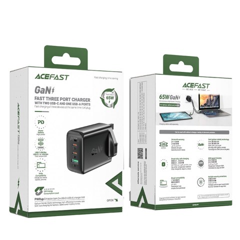 Ładowarka sieciowa wtyczka angielska UK GaN 65W 1x USB 2x USB-C PD czarna Ładowarka sieciowa wtyczka angielska UK GaN 65W 1x USB 2x USB-C PD czarna