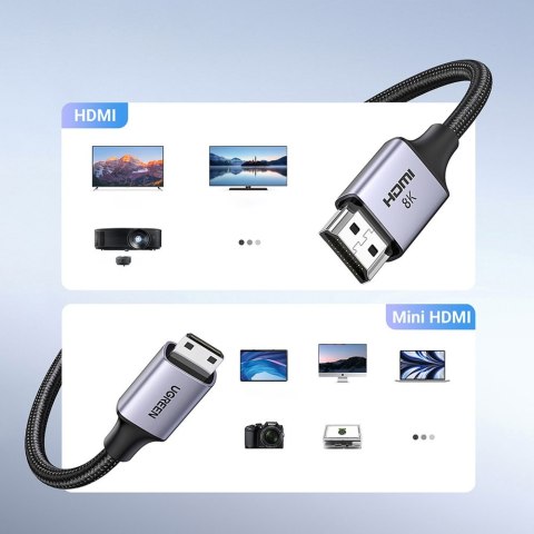 Kabel przewód przejściówka mini HDMI - HDMI 8K 2m szary Kabel przewód przejściówka mini HDMI - HDMI 8K 2m szary