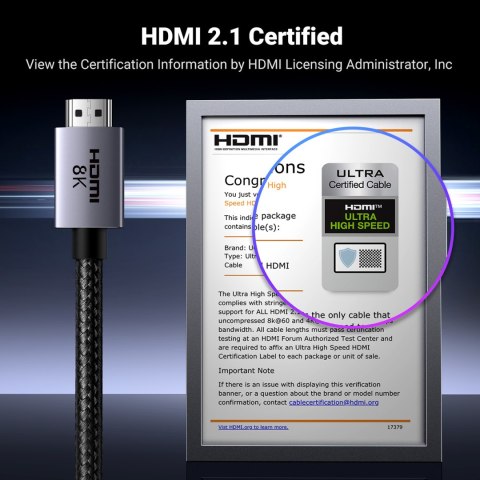 Kabel przewód HDMI 2.1 8K certyfikowany Ultra High Speed 2m szary
