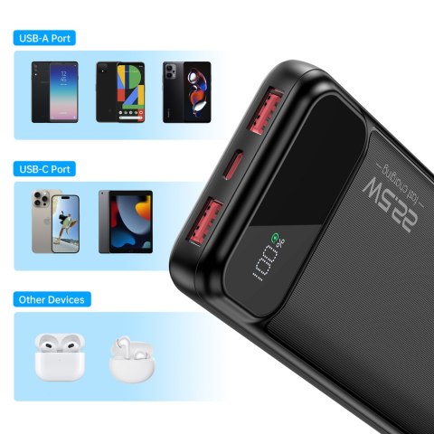 Powerbank 10000 mAh 22.5W PD USB-A USB-C - czarny