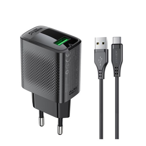 Ładowarka sieciowa A90 GaN USB-A QC 18W + kabel USB-C - czarna Ładowarka sieciowa A90 GaN USB-A QC 18W + kabel USB-C - czarna