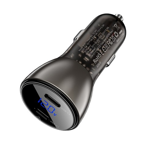 Ładowarka samochodowa 60W 2x USB-C z wyświetlaczem i metalową obudową - czarna Ładowarka samochodowa 60W 2x USB-C z wyświetlaczem i metalową obudową - czarna