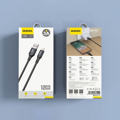 Kabel przewód USB-A - iPhone Lightning w oplocie 3A 30W 1.2m - czarny Kabel przewód USB-A - iPhone Lightning w oplocie 3A 30W 1.2m - czarny